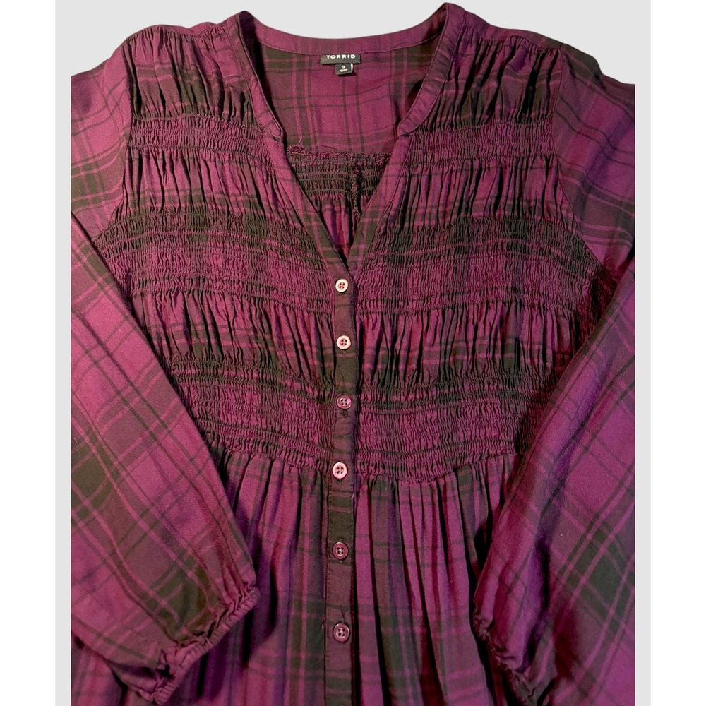 Torrid Size 3 Burgundy Plaid Smocked High Low Blouse Button Front Flowy Top